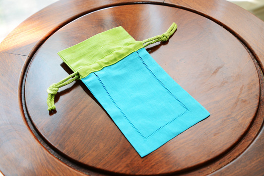 Hemstitch sachet bag, multi color, aqua & hot green top - Click Image to Close